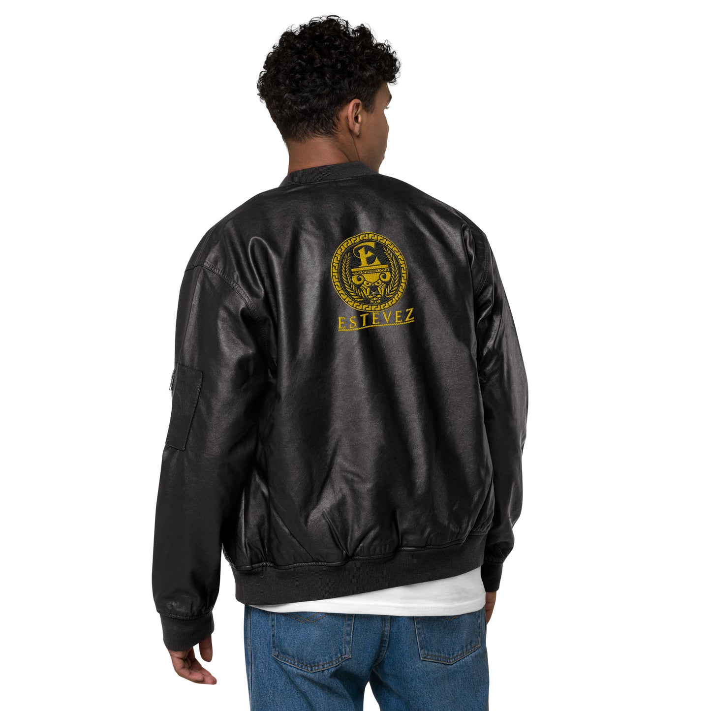 Estevez Leather Embroidery Logo Bomber Jacket