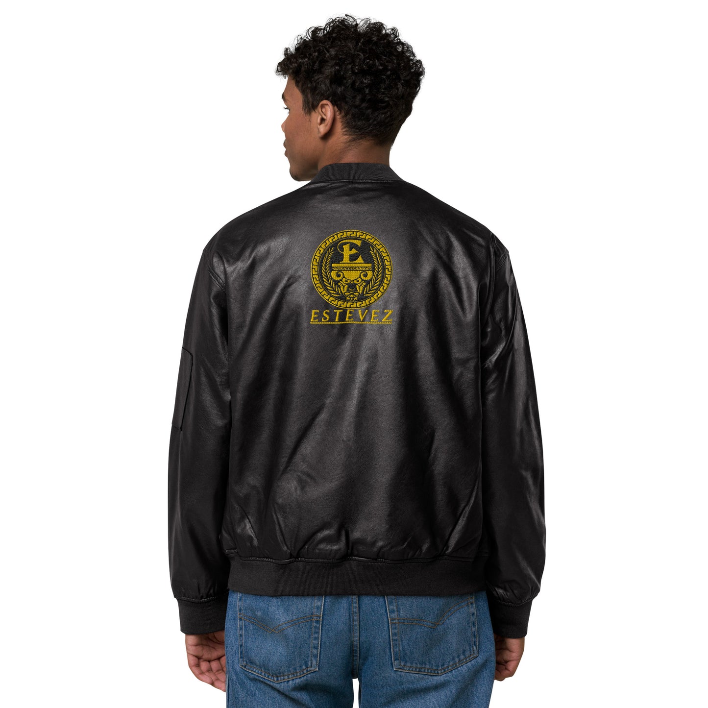 Estevez Leather Embroidery Logo Bomber Jacket