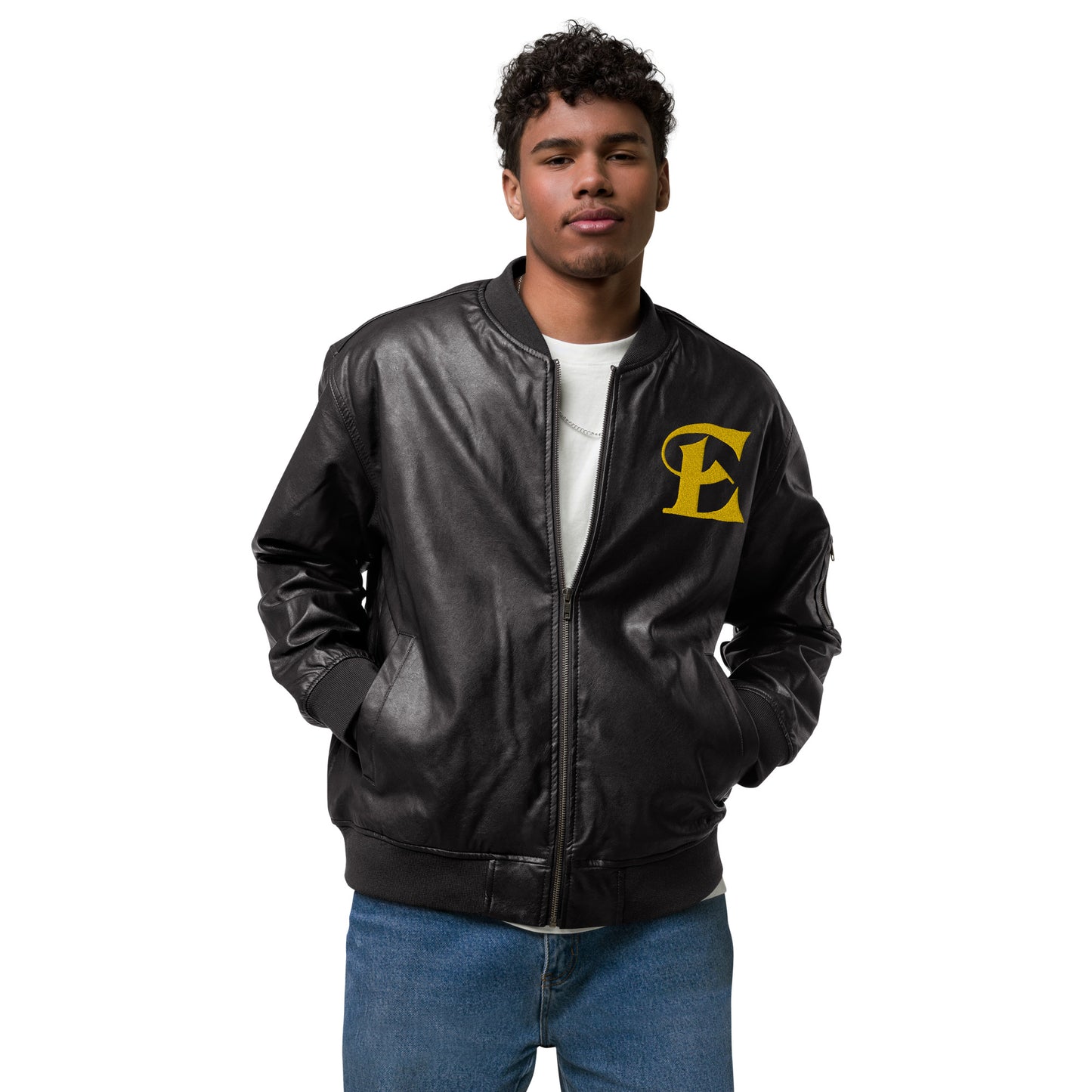 Estevez Leather Embroidery Logo Bomber Jacket