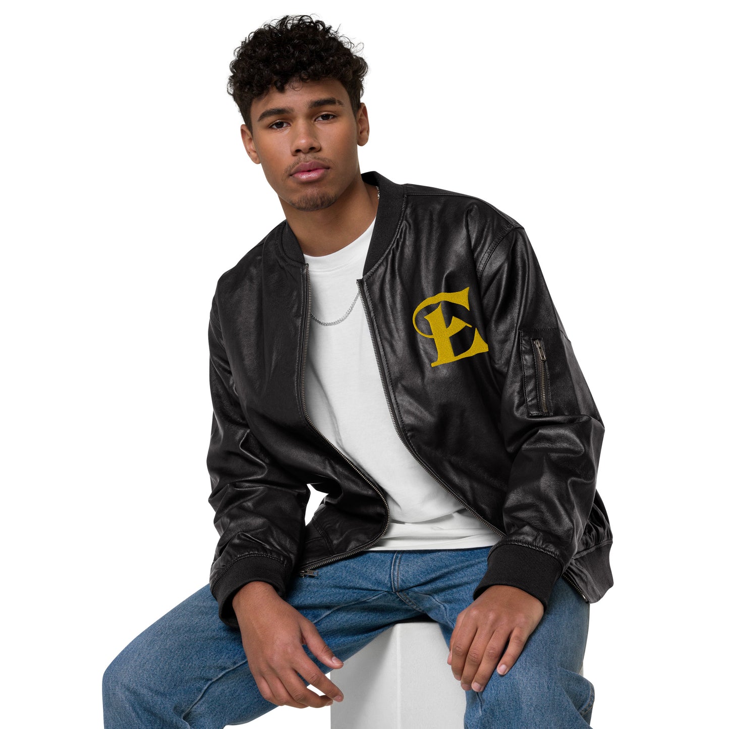 Estevez Leather Embroidery Logo Bomber Jacket
