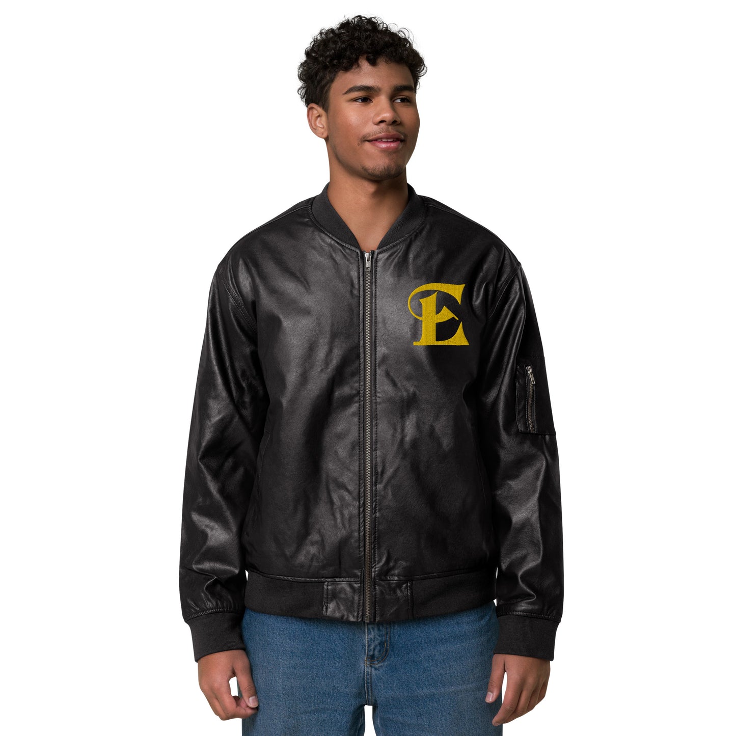 Estevez Leather Embroidery Logo Bomber Jacket