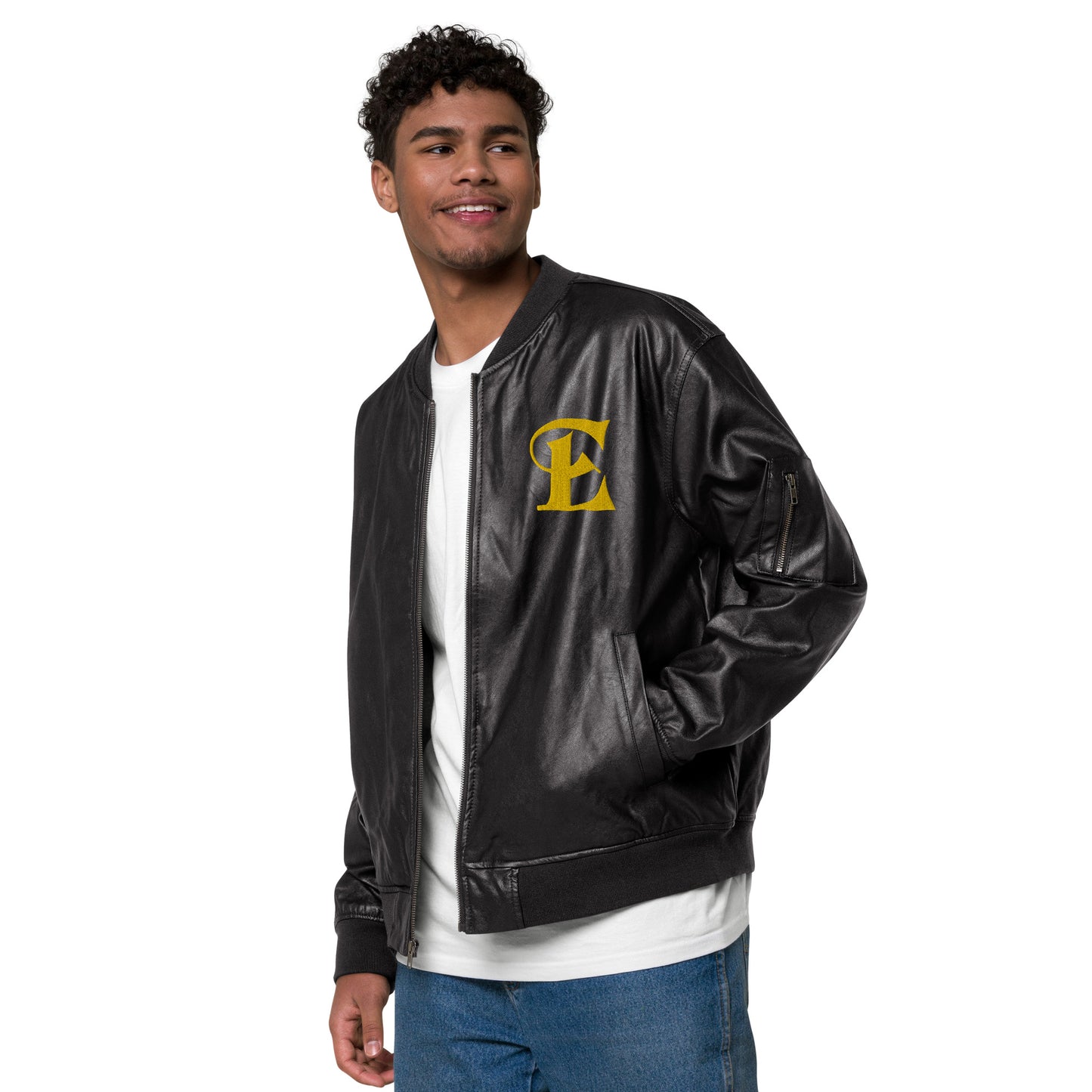 Estevez Leather Embroidery Logo Bomber Jacket