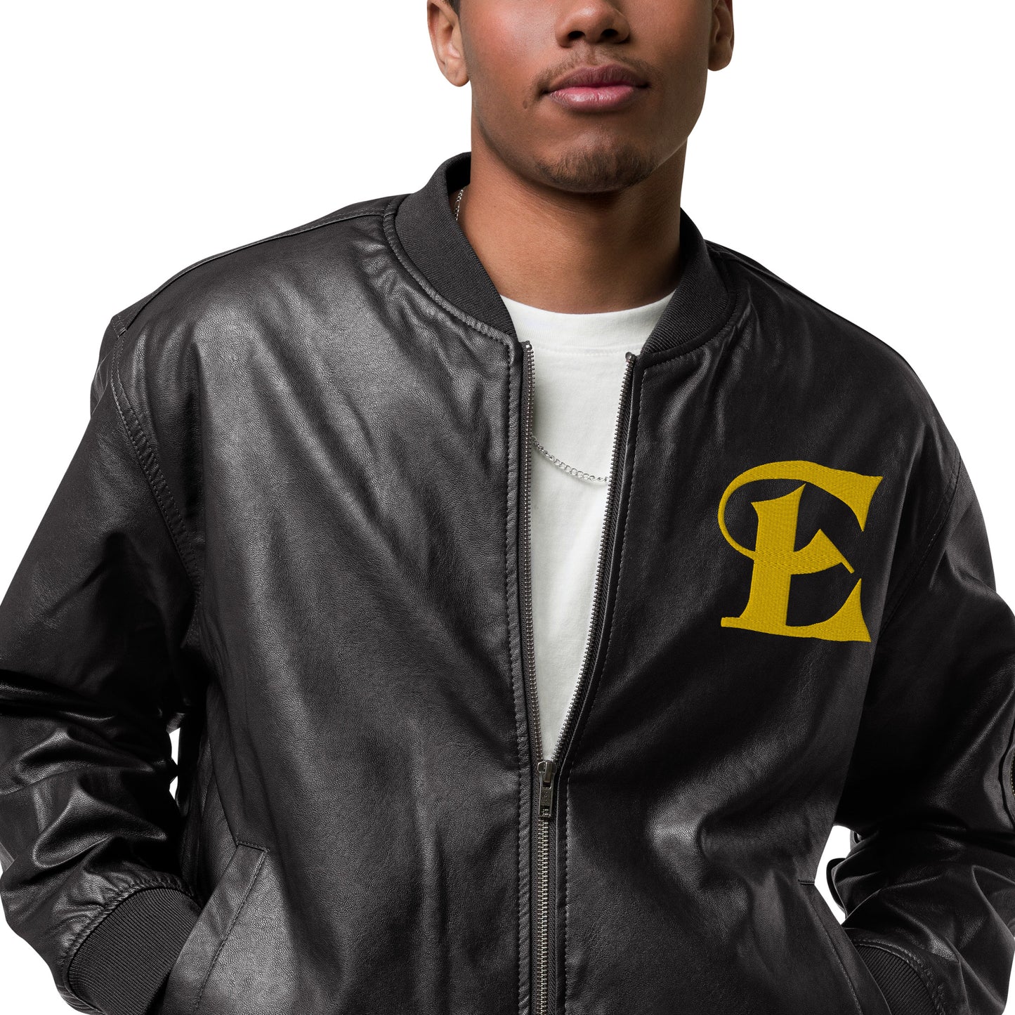 Estevez Leather Embroidery Logo Bomber Jacket