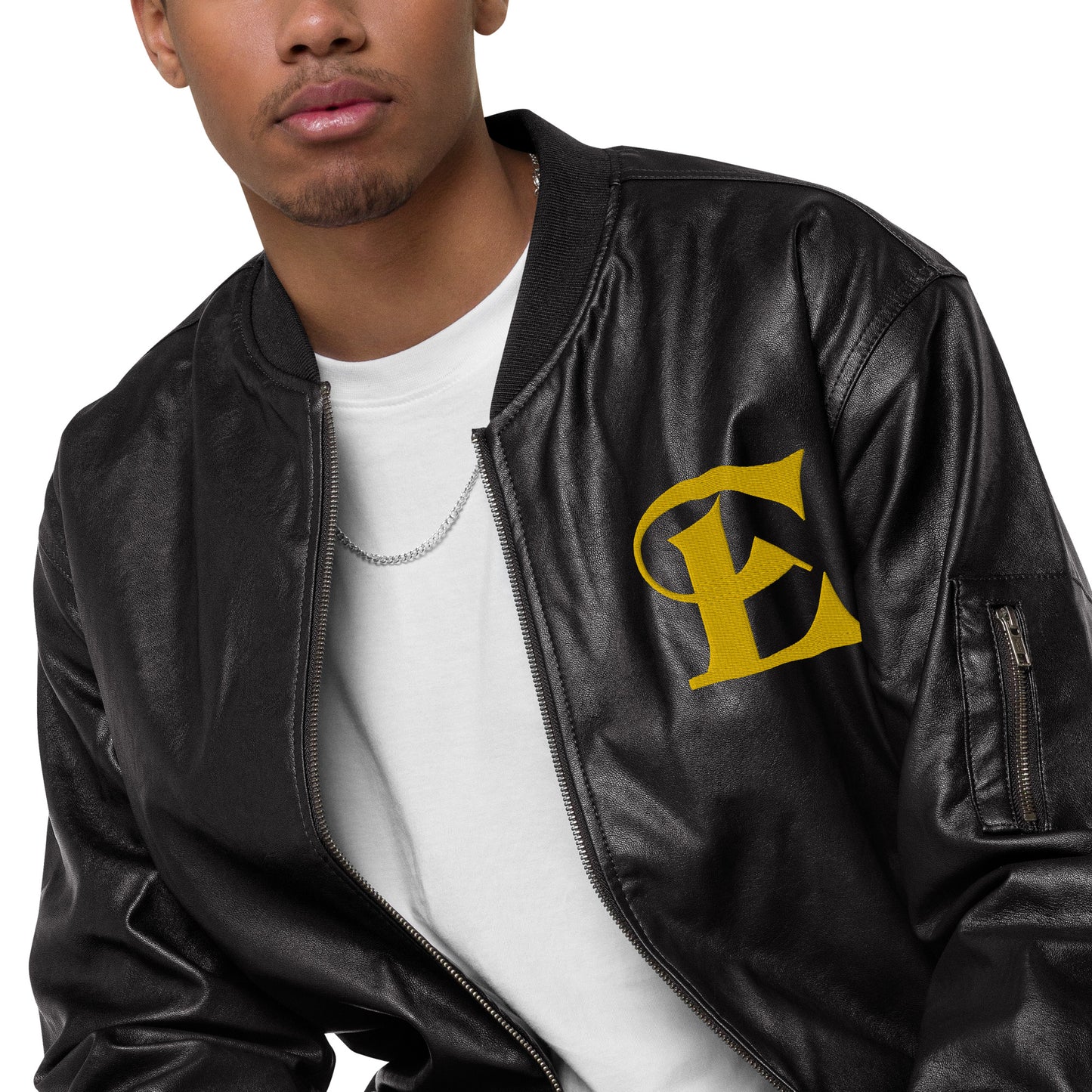 Estevez Leather Embroidery Logo Bomber Jacket